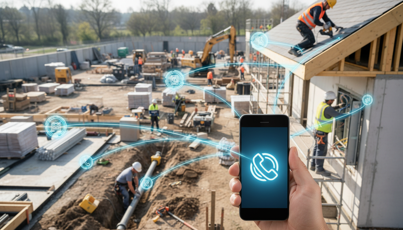Verschiedene Handwerker bei der Arbeit, die durch eine digitale Schnittstelle verbunden sind und einen effizienten Kundenservice symbolisieren.