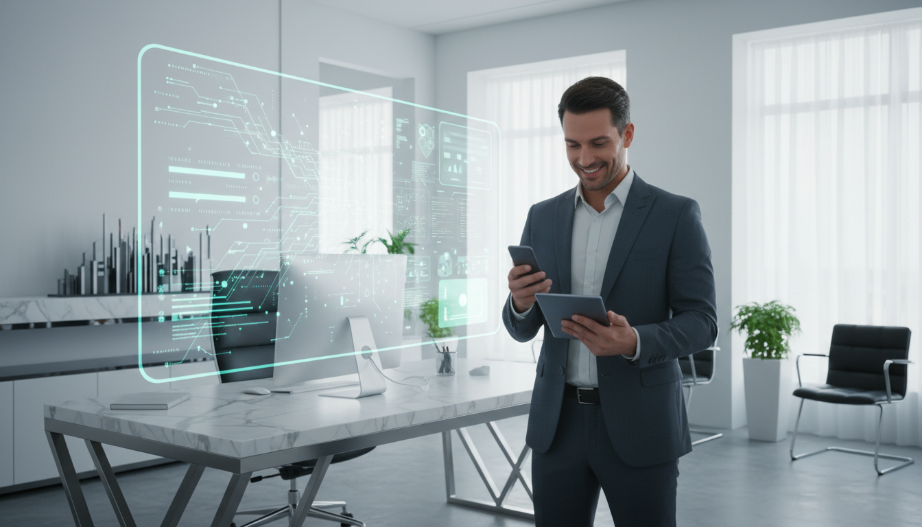 Ein Immobilienmakler steht in einem modernen Büro und betrachtet ein Tablet, während im Hintergrund eine futuristische KI-Schnittstelle Daten visualisiert.