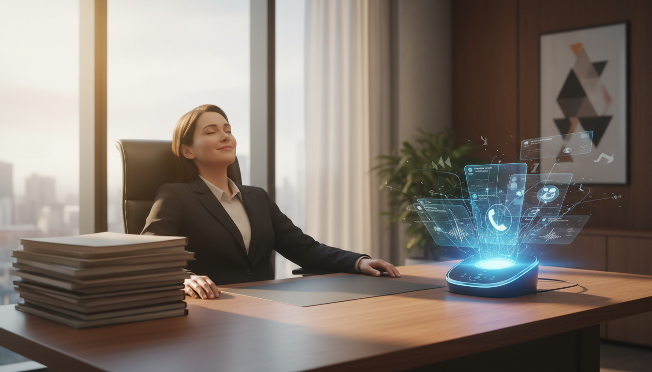 Eine Anwältin in einem modernen Büro blickt erleichtert auf einen futuristischen, leuchtenden KI-Telefonassistenten, der Anrufe entgegennimmt.